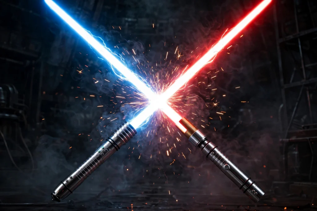 Two baselit lightsabers crossed, ready for dueling