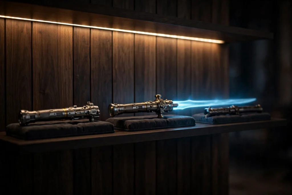 Three lightsaber hilts displayed on a lit wooden wall shelf, one with blade ignited
