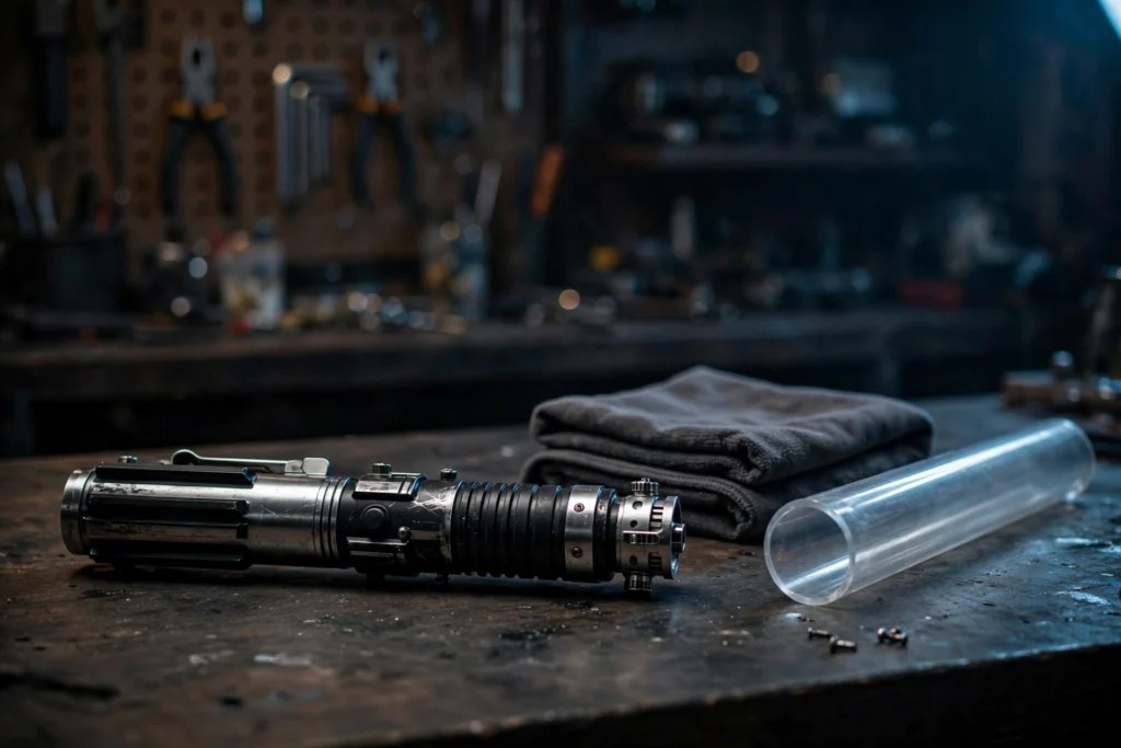 A lightsaber hilt resting on a workbench next to a microfiber cloth and blade tube