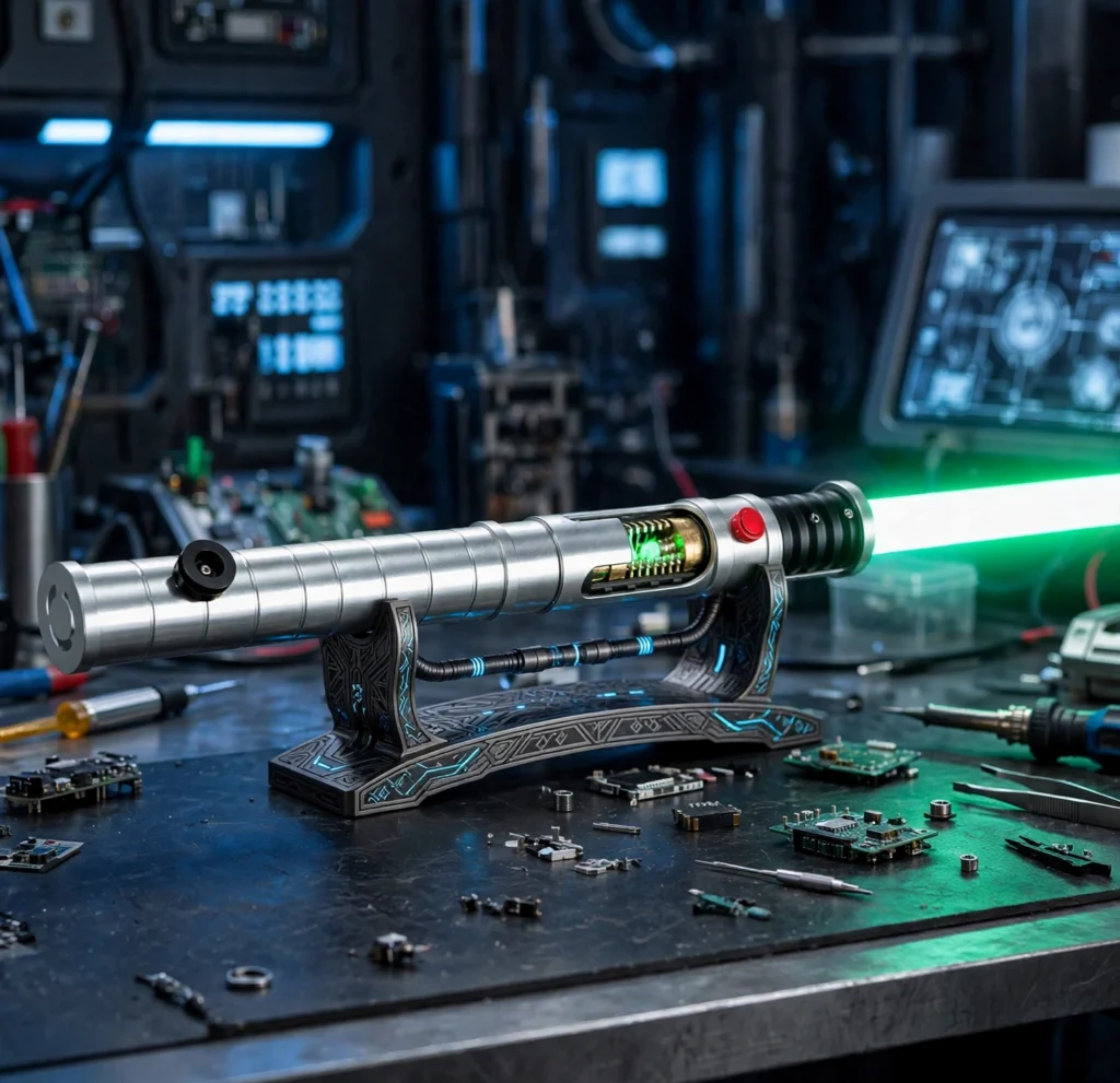 Neopixel lightsaber hilt with illuminated crystal chamber on a sci-fi workbench